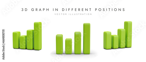 Set of green column 3D graphs in different positions. Keeping statistics, tracking dynamics. Visual reporting, analytics. Growth, profit. Color vector illustration for web design