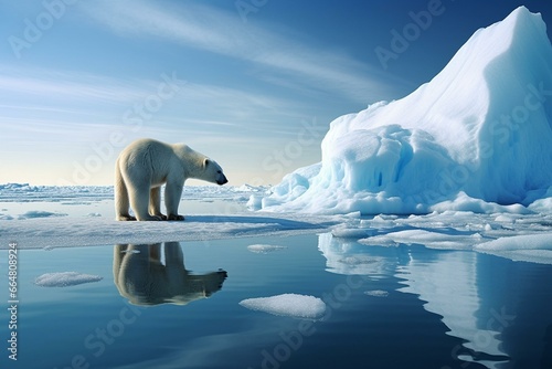 A polar bear at the edge of a melting iceberg, indicating environmental concerns, pollution, and global warming. Generative AI © Melisande