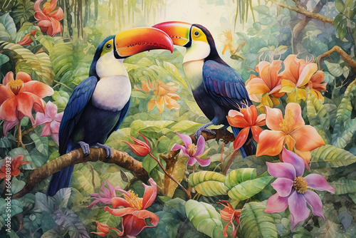 Animals and nature concept. Toucan birds in colorful jungle background. Watercolor and pencil drawing style background with copy space © Rytis