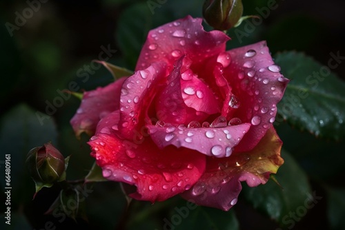 Raindrops on a blooming rose. Generative AI