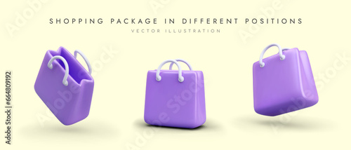 Realistic shopping bag with handles. Purple bag, front, top, bottom, side view. Image with place for logo, mockup. Set of vector illustrations in cartoon style