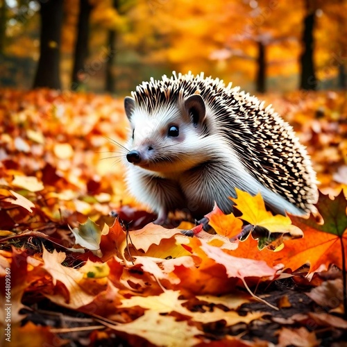 A cute hedgehog sits in autumn leaves against the backdrop of a beautiful autumn landscape. Banner, place for text