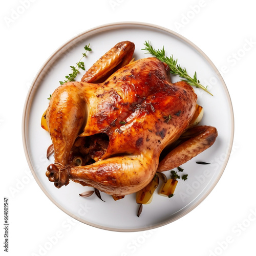 Roasted chicken on plate isolated on transparent background, Grilled seasoned rotisserie chicken dish garnish for menu, above, top view, dieting, cooking, recipe, thanksgiving turkey, Christmas dinner