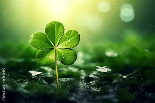 Four-leaf clover, lucky symbol, nature background, Ireland, leprechaun, fantasy. Generative AI