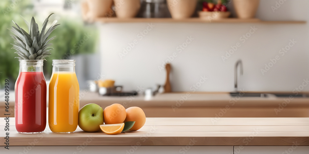 fruits and juice on wooden tabletop counter. in front of bright out of focus kitchen. copy space. - obrazy, fototapety, plakaty 