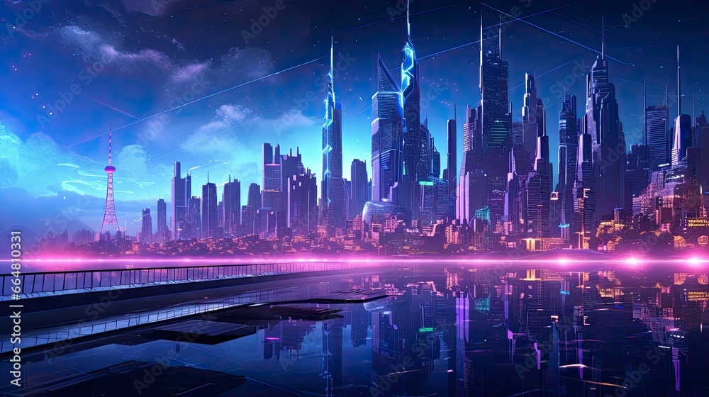  A futuristic, cyberpunk inspired cityscape at night.