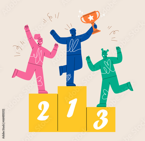 People standing on the podium rank first three places. Competition award winner. Colorful vector illustration