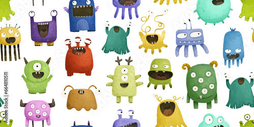 Funny colored monster, mutants with eyes and smile.  Simple childish horror halloween illustration. Baby design for nursery, decor, textile.
