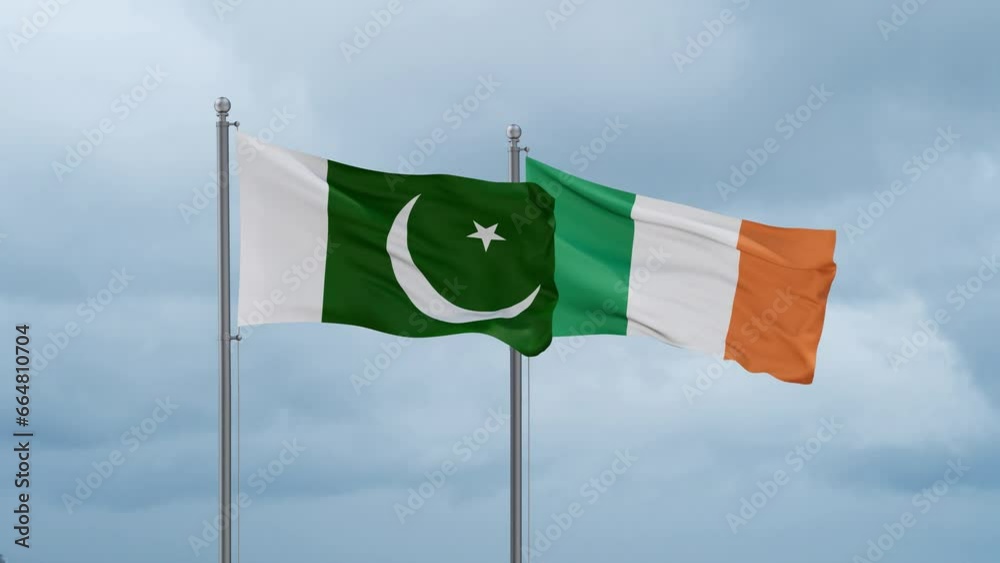 Ireland flag and Pakistan flag waving together on cloudy sky, endless seamless loop, two country relations concept Ireland flag and Pakistan flag waving together on cloudy sky, endless seamless loop, two country relations concept