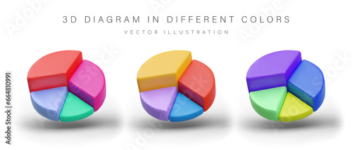Set of colored pie charts. Vector illustration on white background. Visual statistics in cartoon style. Analytics, reporting, audit. Control of business processes, financial flows