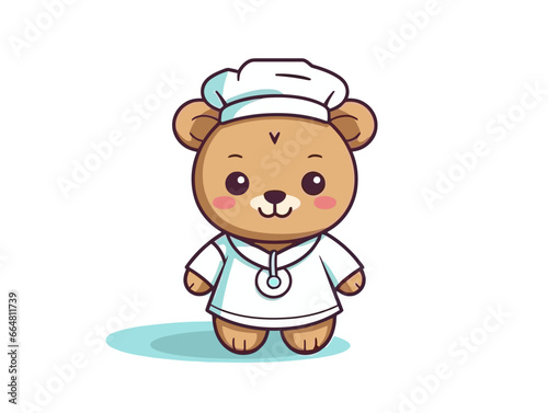 Doodle Teddy bear in nurse hat  cartoon sticker  sketch  vector  Illustration  minimalistic