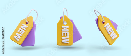 Set of tags, labels New. Vector illustrations for online store of clothes, shoes, accessories. Marking of goods from new collection. Subject in different positions. Image on blue background