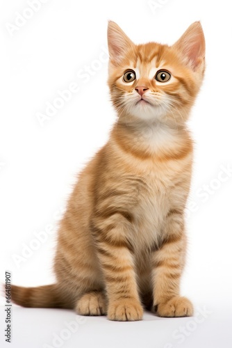Playful funny kitten looking up isolated on a white background.