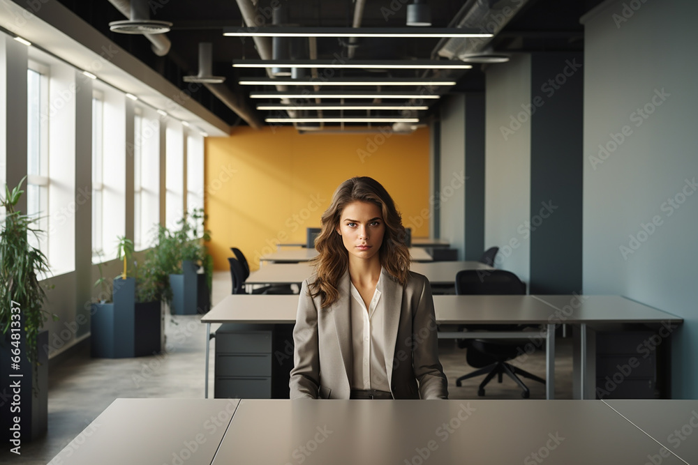 Sad business woman in an empty office. Dismissal of an employee.