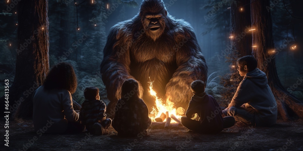 A family-friendly scene where children are roasting marshmallows around a campfire, and in the background, a friendly Bigfoot is playfully peeking from behind a tree