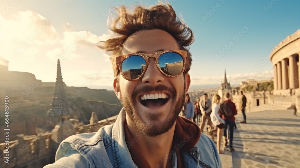 Happy tourist man take a selfie in Italy landmark. Travel concept.
