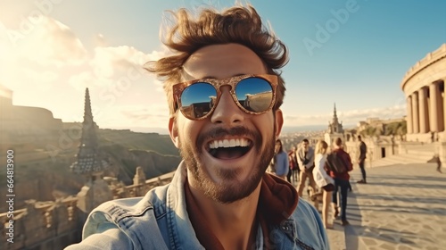 Happy tourist man take a selfie in Italy landmark. Travel concept. © visoot