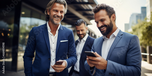 men in business suits looking at mobile phone