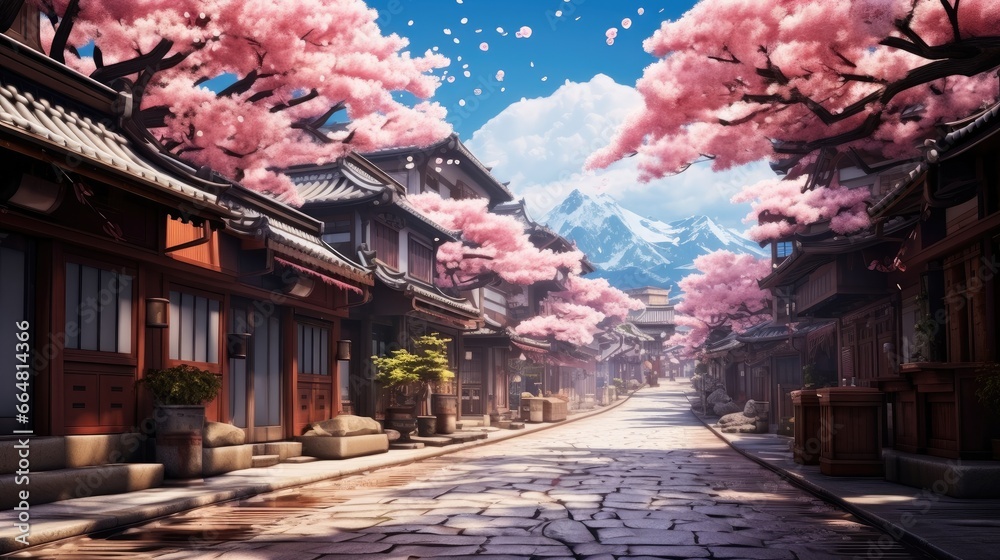 Fototapeta premium Cherry Blossoms, Idyllic Old Japan Street in Spring, Travel and holidays concept.