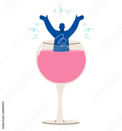 Happy man in glass with wine. Colorful vector illustration