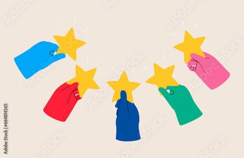 People characters giving five star feedback. Colorful vector illustration