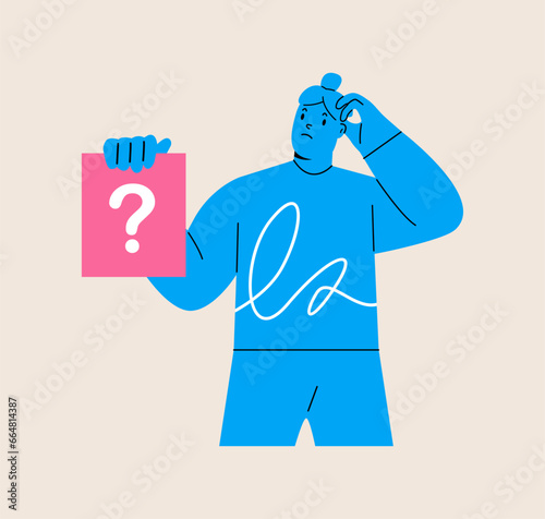 PrintWork questions, doubts, hypotheses. Woman is holding a card with a question mark. Colorful vector illustration