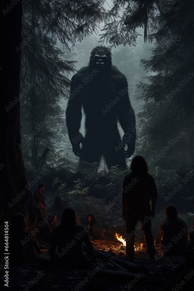 A reclusive Bigfoot, hidden partially by the dense Pacific Northwest forest foliage, curiously observes a group of distant campers around a fire from behind a large tree