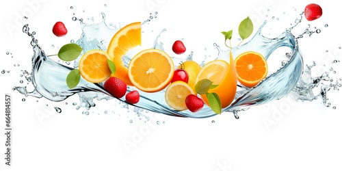 Swirl water splash with fruits. liquid flow with ice cubes and a mix of fresh fruits. © MdKamrul