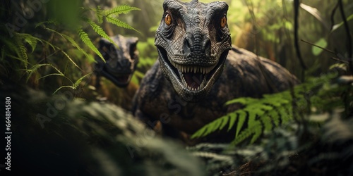 A sleek Velociraptor pack moves stealthily through a dense fern-covered underbrush, their sharp claws and eyes hinting at an imminent hunt © EOL STUDIOS