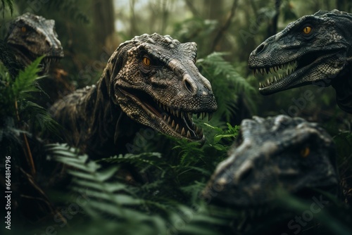 A sleek Velociraptor pack moves stealthily through a dense fern-covered underbrush, their sharp claws and eyes hinting at an imminent hunt