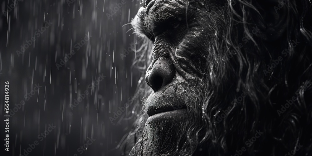 A somber, monochrome portrait of Bigfoot, eyes looking down in a moment of reflection, with details of raindrops rolling off its thick fur. copy space
