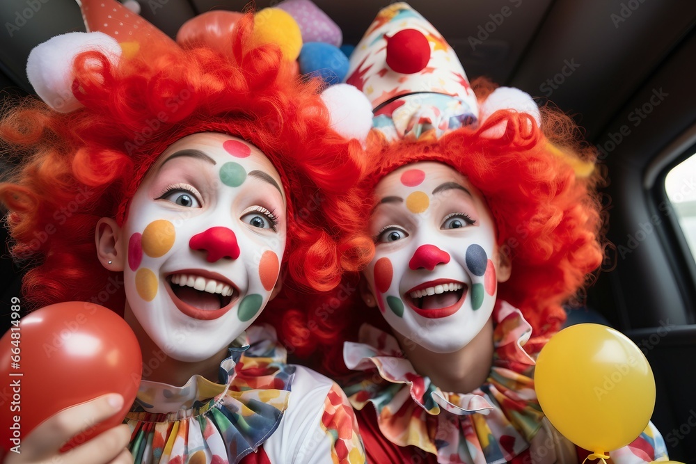 two women wearing clowns and clown wigs