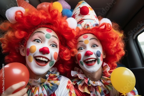 two women wearing clowns and clown wigs Fototapeta