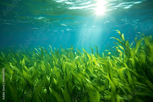 Underwater view of a group of seabed with green seagrass.