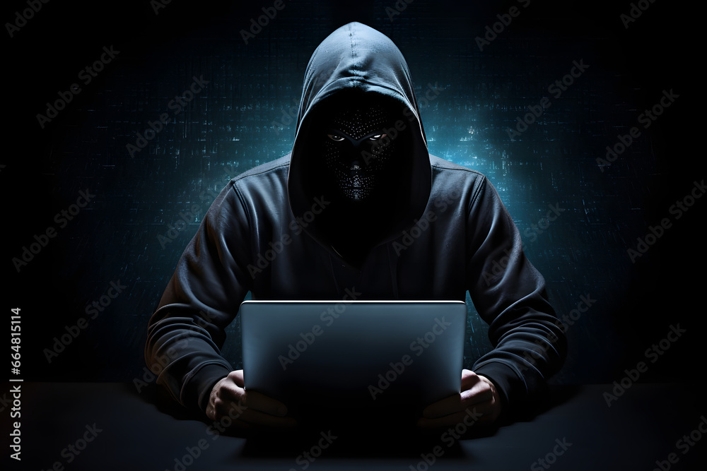 Mysterious Hacker in a Dark Room Using Laptop Mysterious Hacker in a Dark Room Using Laptop