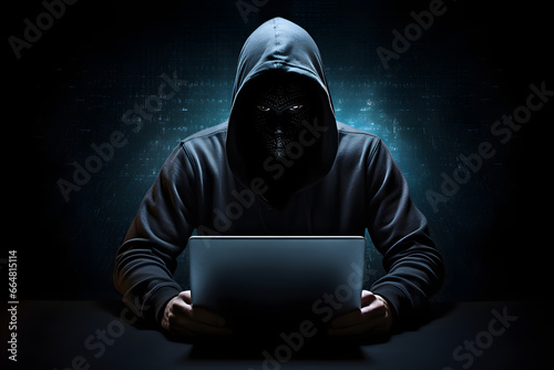 Mysterious Hacker in a Dark Room Using Laptop