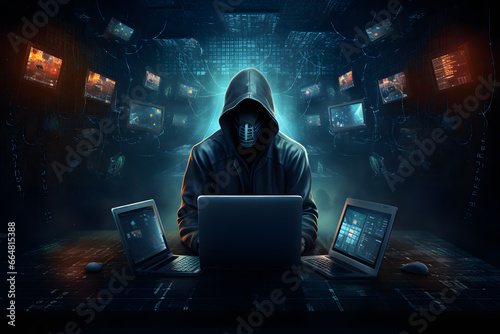 Dark Silhouette of a Hacker Using Laptop
