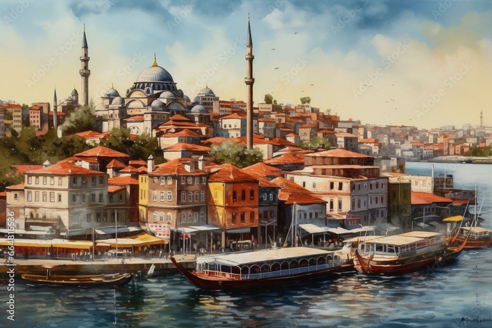 An oil painting of Golden Horn in Istanbul, Turkey. Generative AI