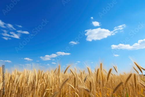 Wheat field under blue sky.