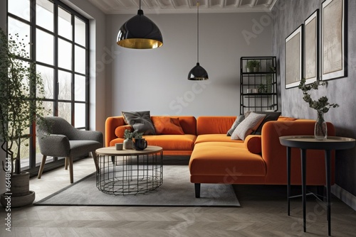 Contemporary lounge with an orange sofa. Generative AI