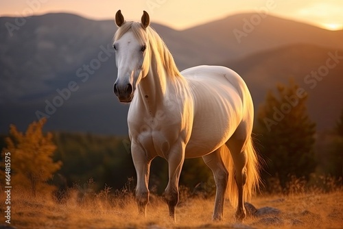 White horse or mare in the mountains at sunset.