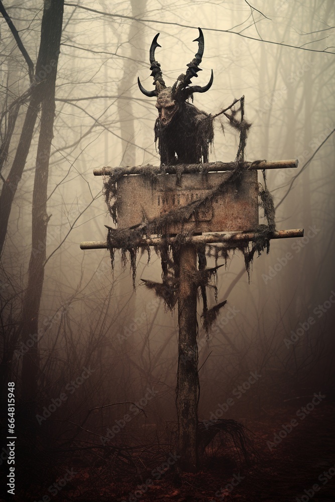 Fototapeta premium An old, weathered signpost in the Pine Barrens warns adventurers of the Jersey Devil, with cryptic symbols and a faint illustration of the creatur