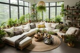 a living room with a large couch and plants