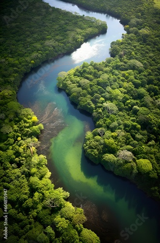 Aerial view of the Amazonas jungle landscape with river bend.