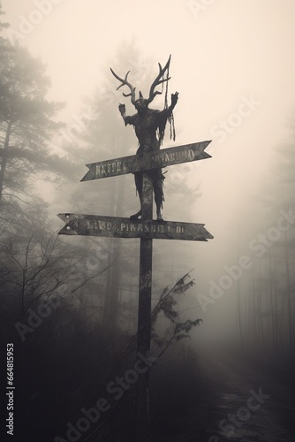 An old, weathered signpost in the Pine Barrens warns adventurers of the Jersey Devil, with cryptic symbols and a faint illustration of the creatur photo