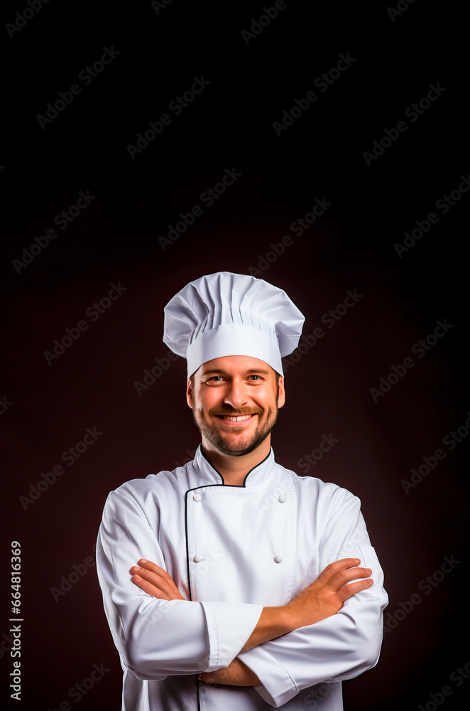 Proud Chef or cook with his arms crossed. Concept of cooking, dining and restaurants. isolated on a black studio background with copy space. Proud Chef or cook with his arms crossed. Concept of cooking, dining and restaurants. isolated on a black studio background with copy space.