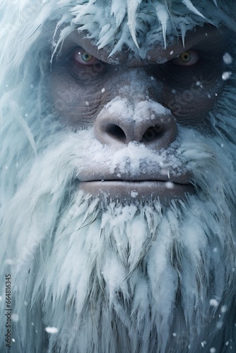 Close-up portrait of a Yeti, its deep-set eyes and textured fur showcased in detail, with snowflakes adorning its visage, capturing the essence of this mythical creature, copy space