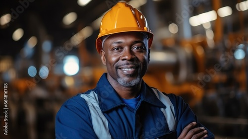 African professional engineer in heavy industry factory.
