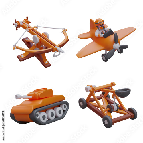 Set of tank, cartoon character on airplane, Medieval toy crossbow and catapult for online computer game. Protect your town with weapon. Game 3d war concept. Vector illustration