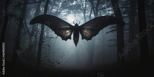 In a dense, fog-laden forest, the shadowy outline of Mothman emerges between the trees, with its distinct wings spread wide, embodying the eerie tales told of this cryptid photo